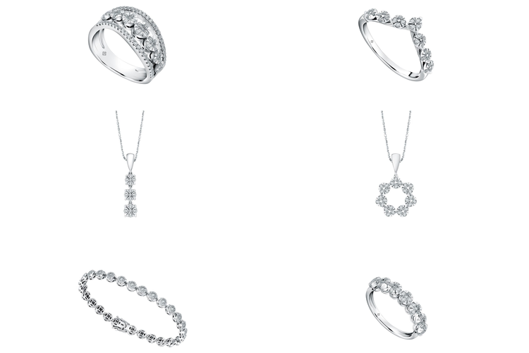Beberapa item perhiasan yang terdapat pada koleksi Perhiasan Berlian Ilusi Tennis. 