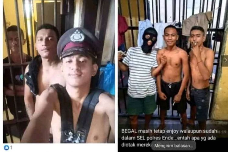 Tangkapan layar unggahan berisi foto yang memperlihatkan sejumlah pria disebut sebagai para pelaku begal yang ditahan di Polres Ende selfie sambil merokok dan memakai topi polisi.