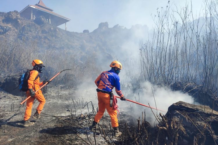 Petugas saat melakukan pemadaman api di lereng Gunung Ijen 