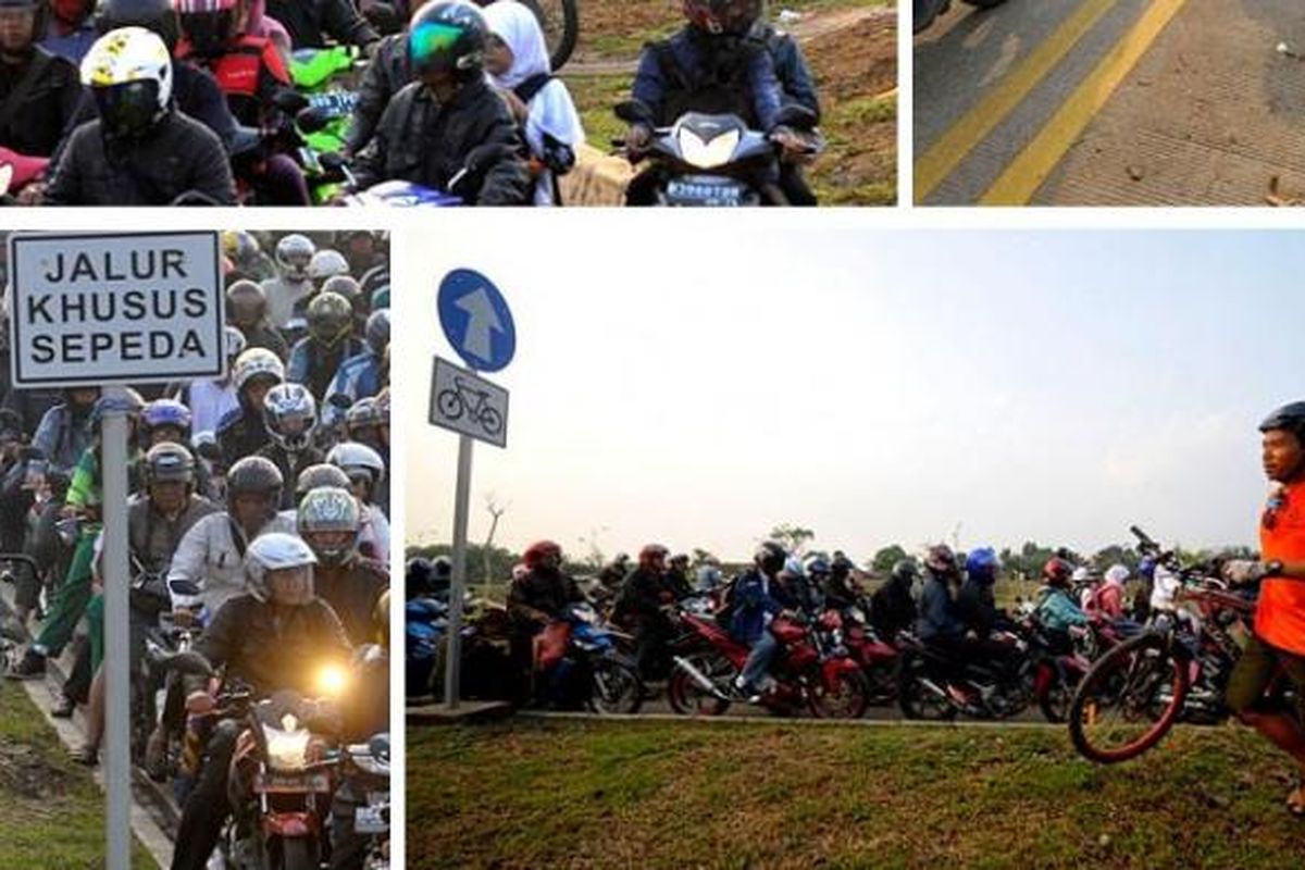 Gambar-gambar yang memperlihatkan pengguna sepeda harus mengalah dari para pengguna motor, pasca dibuka jalur khusus sepeda untuk kendaraan umum, di sepanjang jalan inspeksi Kanal Banjir Timur (KBT).