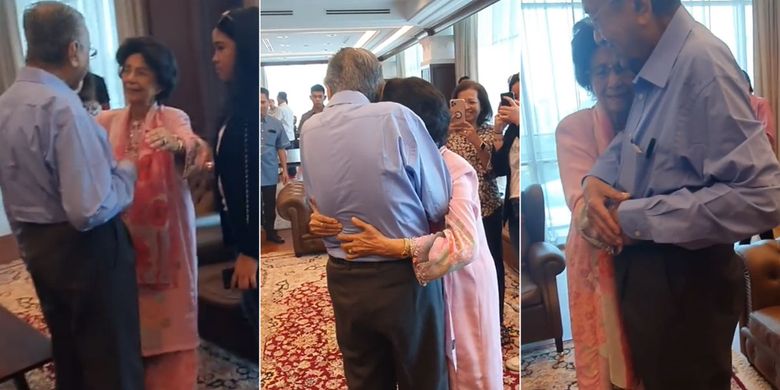 Inilah momen manis ketika mantan Perdana Menteri Malaysia, Mahathir Mohamad, mendapatkan pelukan dari sang istri, Siti Hasmah Mohd Ali seusai memberikan konferensi pers, Minggu (1/3/2020).