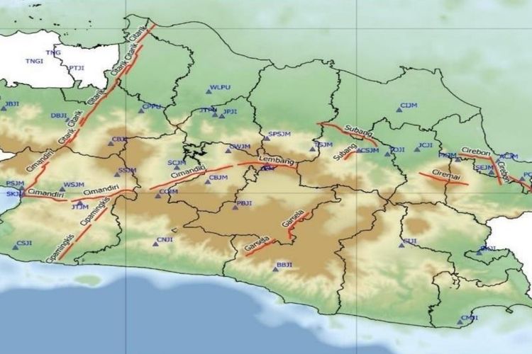 Peta Sesar Aktif di Jawa Barat dalam Kajian Seismisitas Bulanan Stasiun Geofisika Kelas I Bandung April 2022.