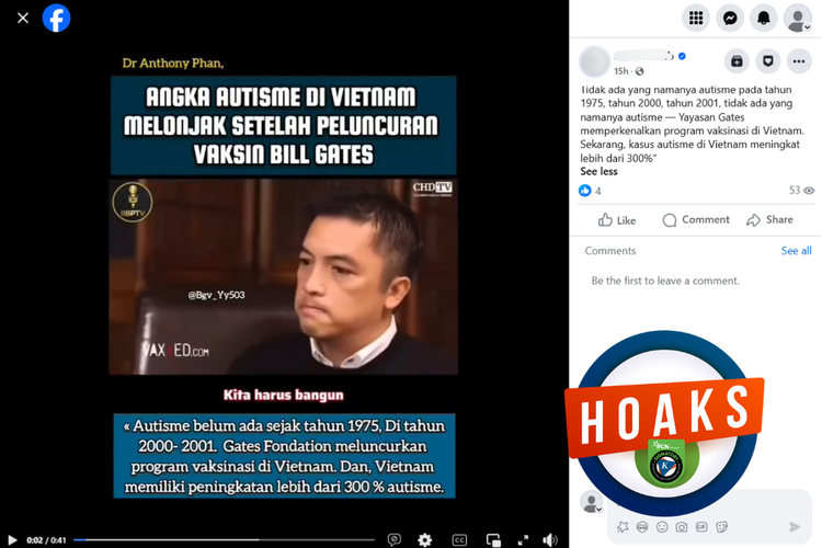 Tangkapan layar konten hoaks di sebuah akun Facebook, Kamis (15/5/2025), yang mengeklaim autisme di Vietnam meningkat 300 persen akibat vaksin.