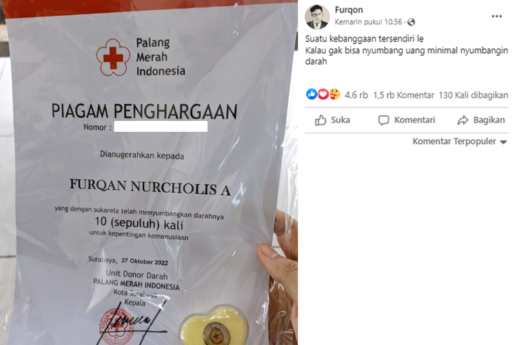 Tangkapan layar unggahan dari warganet yang merasa bangga kerena menerima piagam penghargaan dari Palang Merah Indonesia (PMI) setelah mendonorkan darahnya 10 kali,
