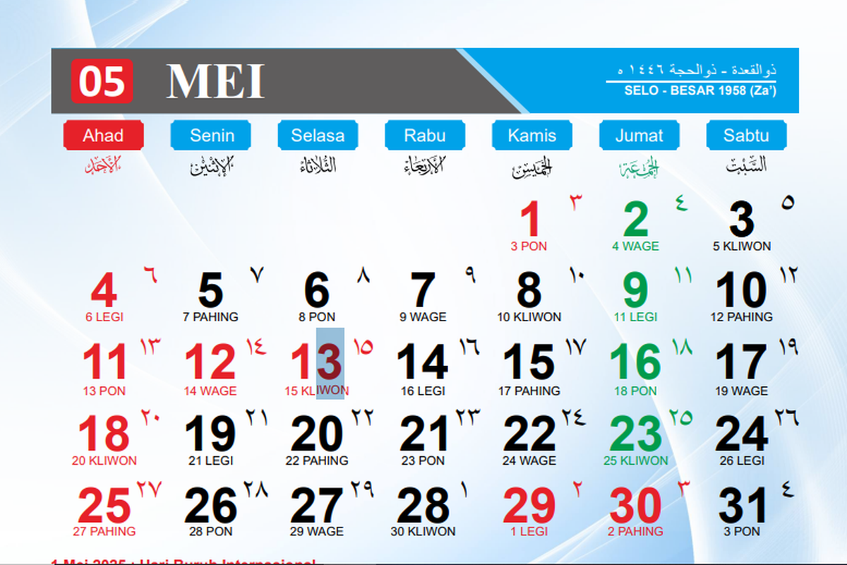 Kalender Mei 2025. 30 Mei 2025 libur apa? Berdasarkan kalender Mei 2025 dan SKB 3 menteri tanggal tersebut adalah cuti bersama Kenaikan Yesus Kristus dan long weekend akhir Mei 2025. 