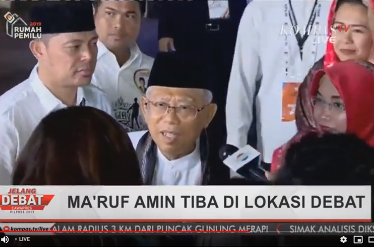 Cawapres nomor urut 01 Maruf Amin saat tiba di lokasi debat ketiga, Minggu (17/3/2019)