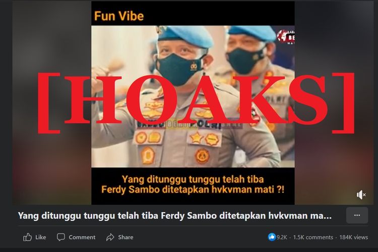 Hoaks yang menyatakan Ferdi Sambo divonis hukuman mati.