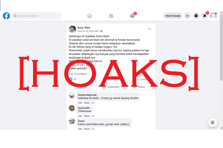 Akun Facebook Rosy Theo menyebarakan informasi bahwa Indramayu dinyatakan zona hitam, pada 17 Juni 2021.