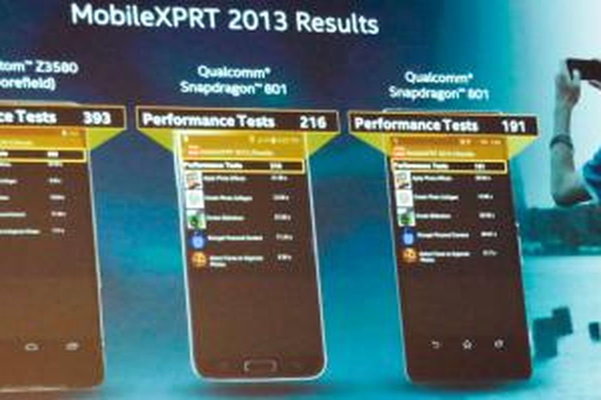 Perbandingan hasil benchmark Atom Z3580 (Moorefield) dan Qualcomm Snapdragon 801 yang ditampilkan Intel di sesi keynote Computex 2014