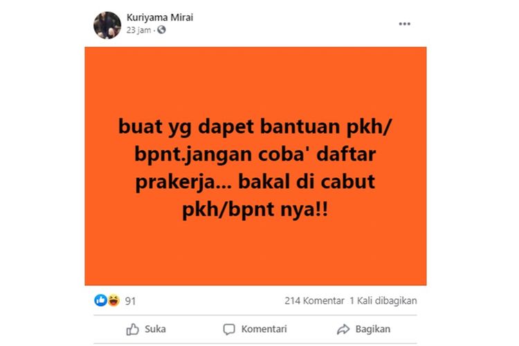 Tangkapan layar unggahan dengan narasi mereka yang telah mendapat bantuan PKH dan BPNT jika mendaftar Kartu Prakerja hingga berhasil lolos, PKH dan BPNT akan dicabut.