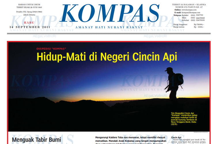Tangkap layar artikel di harian Kompas edisi 14 September 2011 berjudul Hidup Mati di Negeri Cincin Api.