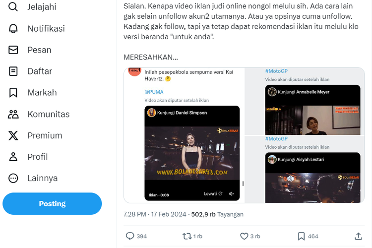 Tangkapan layar unggahan warganet yang resah dengan iklan judi online di media sosial Twitter atau X 