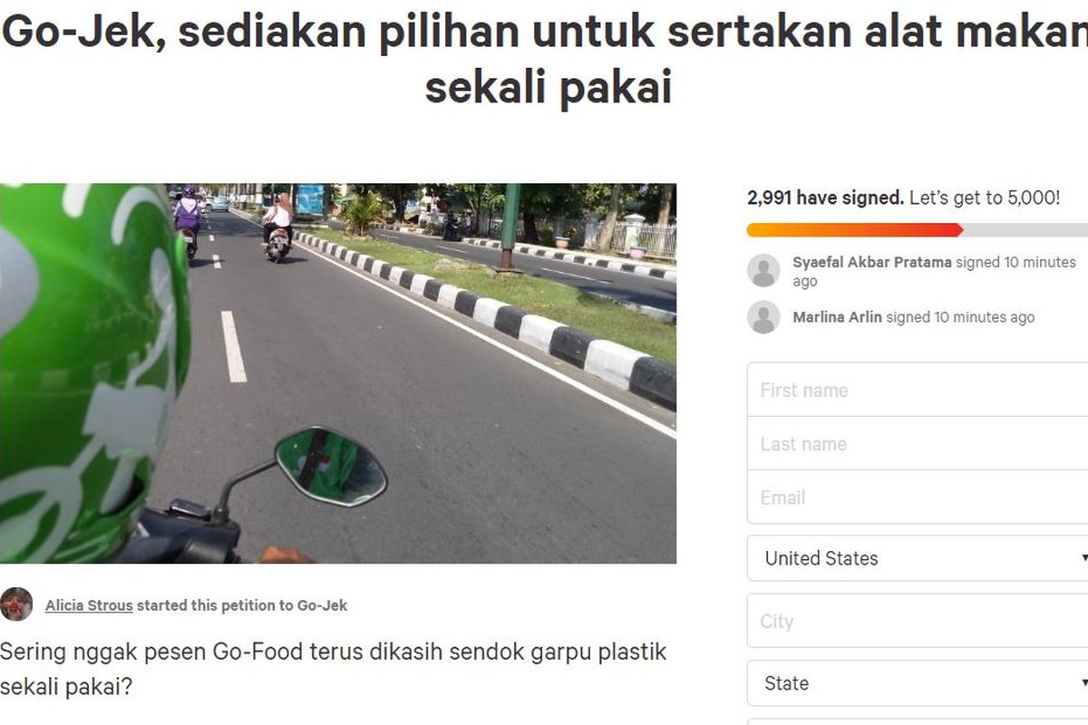 Petisi untuk Go-Jek agar bantu mengurangi sampah plastik dari layanan Go-Food.