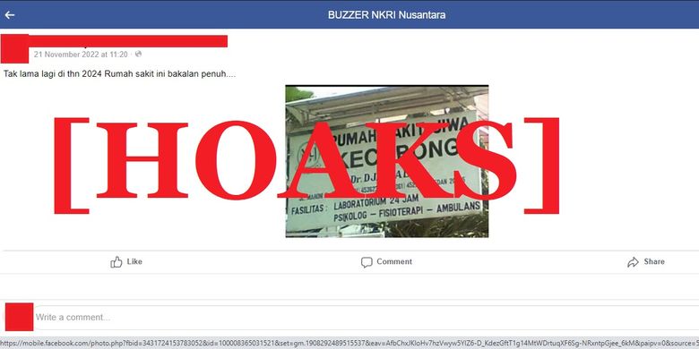Tangkapan layar Facebook narasi yang meyebut terdapat rumah sakit jiwa untuk menampung  kecebong