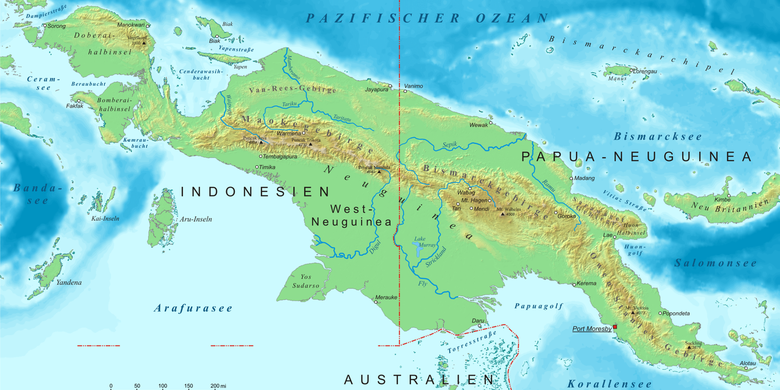 peta pulau Nugini, salah satu pulau terbesar di dunia.