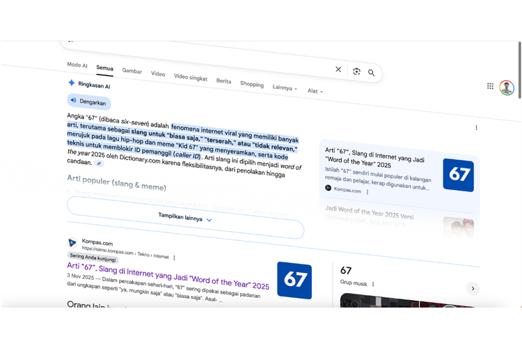 Tampilan animasi layar bergoyang saat googling angka 67 atau 6-7 di Google Search.