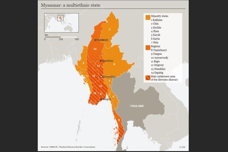 Peta wilayah yang dihuni kaum minoritas etnis di Myanmar.