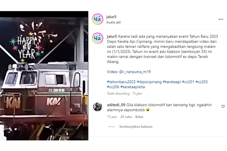 Tangkapan layar unggahan akun Instagram @jalur5 soal adu klakson lokomotif kereta api di Depo Cipinang saat malam tahun baru 2023.