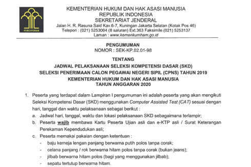 Jadwal dan Lokasi Tes SKD CPNS 2019 di Kemenkumham Diumumkan, Ini Detailnya