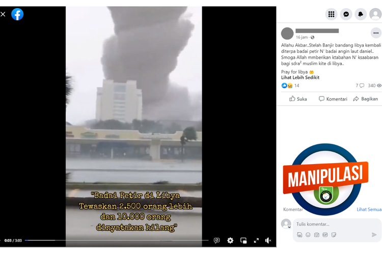 Tangkapan layar konten manipulasi di sebuah akun Facebook, Jumat (16/9/2023), soal video tornado dan petir akibat Badai Daniel di Libya.