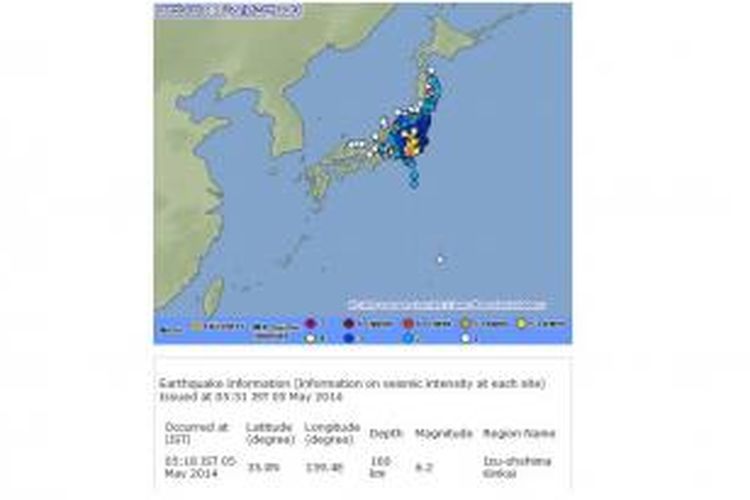 Gempa berkekuatan 6,0 skala Richter mengguncang Jepang, Senin (5/5/2014) dini hari, dengan pusat gempa berada di barat daya Tokyo. Tak ada ancaman tsunami dari gempa ini. 