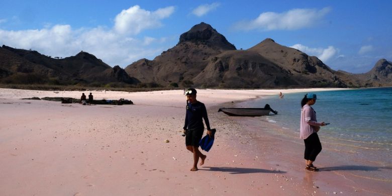 Wisatawan setelah snoreling, di Long Beach salah satu pantai pink yang berada di kawasan TN Komodo, NTT, Selasa (13/11/2018).