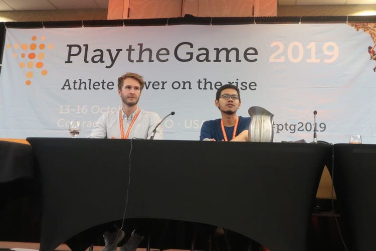 Direktur Ganesport Institute, Amal Ganesha, saat berbicara di konferensi Play the Game 2019 di Colorado Springs, Colorado, Amerika Serikat pada 13-16 Oktober 2019.