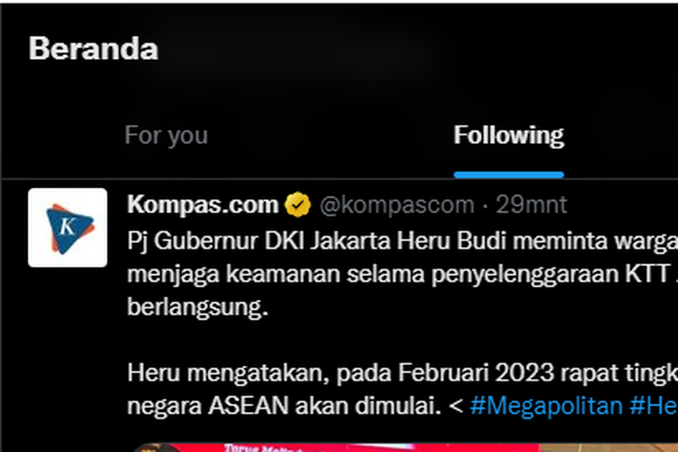 tangkapan layar fitur baru For You pada garis waktu web Twitter pada Sabtu (14/1/2023).