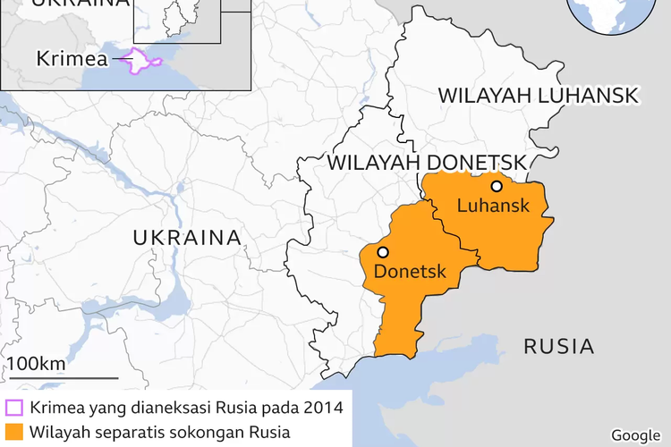 Peta wilayah kelompok separatis di Ukraina timur.