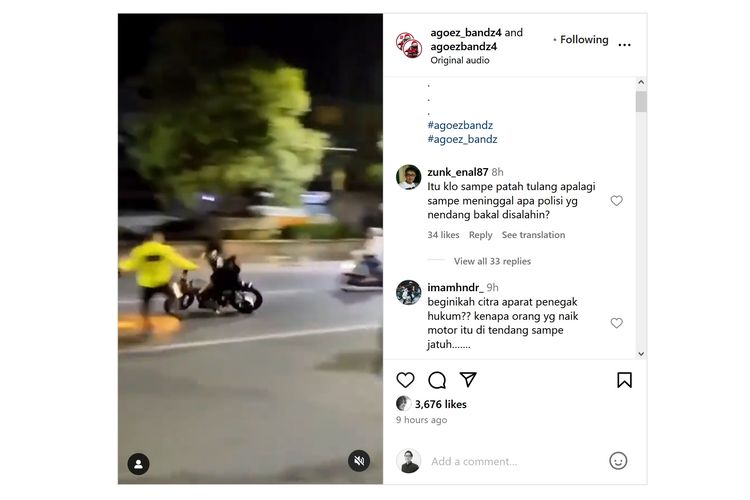 Video viral di media sosial memperlihatkan seorang pengendara sepeda motor yang jatuh tersungkur usai ditendang oleh polisi karena akan kabur saat sedang razia.