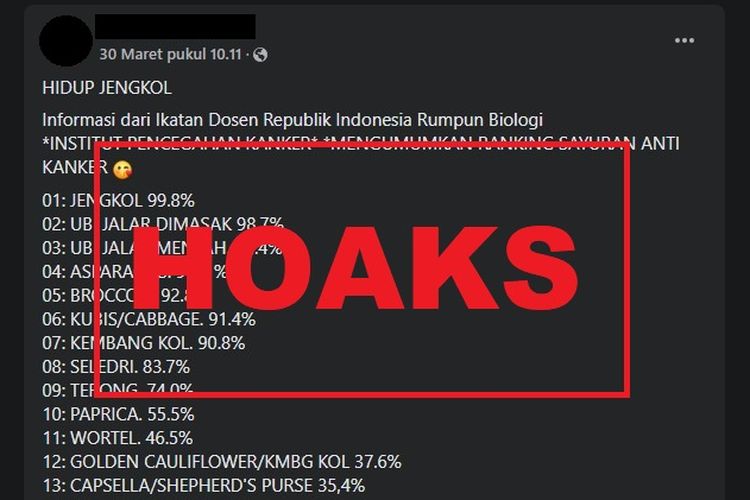 Hoaks, ranking sayuran antikanker