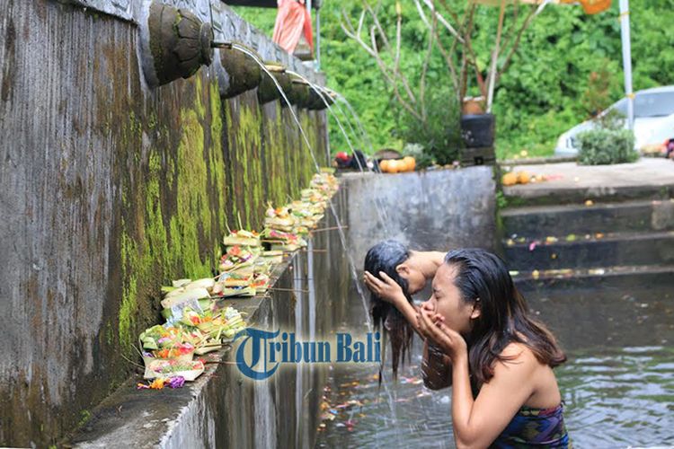 
Ritual pengelukatan di Pancoran Sapta Gangga, Pura Luhur Tamba Waras, Kecamatan Penebel.
