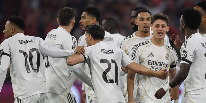 Gelandang serang Real Madrid, Arda Gueler, merayakan gol ke gawang Bayern Muenchen. Hasil Liga Champions Bayern Muenchen vs Real Madrid berlangsung di Allianz Arena, Kamis (16/4/2026) pukul 02.00 WIB.