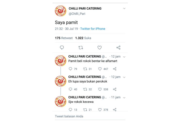 Tangkapan layar twitter @Chilli_Pari yang berisi parodi pamit-kembali.