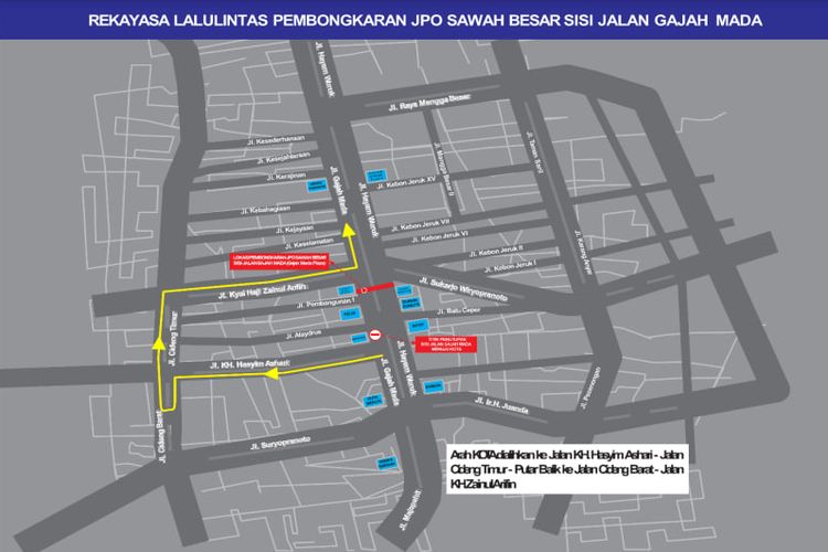 Rekayasa lalu lintas pembongkaran JPO Sawah Besar sisi Jalan Hayam Wuruk pada 26-27 Mei 2023. (Sumber: Dok PT MRT)