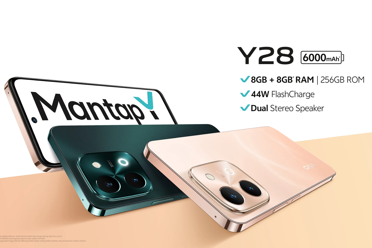 Vivo Y28 resmi di Indonesia dengan kamera 50 MP, chipset Helio G85, baterai 6.000 mAh, fast charging 44 watt. Harga Vivo Y28 mulai Rp 2,4 juta.