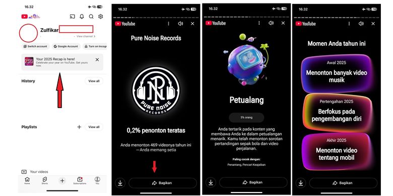 Cara membuat YouTube Recap 2025. Pengguna wajib memenuhi syarat dan kelayakan minimal untuk mendapatkan Recap 2025. Cukup klik banner seperti gambar paling kiri, maka hasi Recap akan muncul dan bisa dibagikan di media sosial.