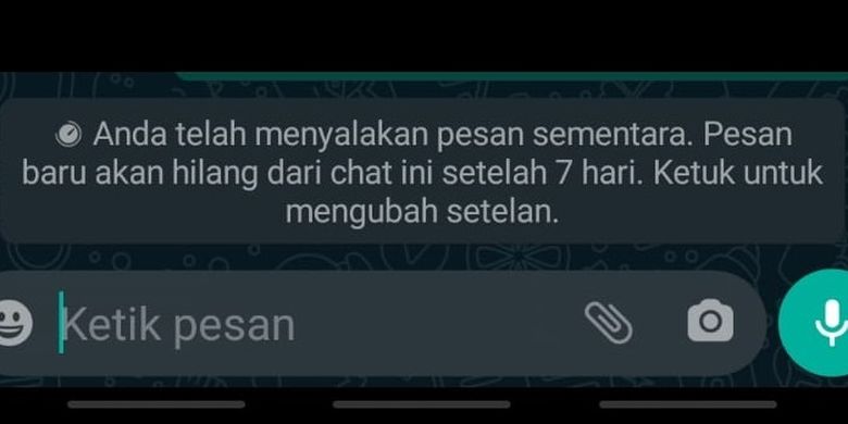 Saat fitur pesan sementara diaktifkan, akan muncul keterangan bahwa pesan akan hilang dari chat setelah tujuh hari. Keterangan yang sama juga akan muncul di chatroom penerima pesan sementara.