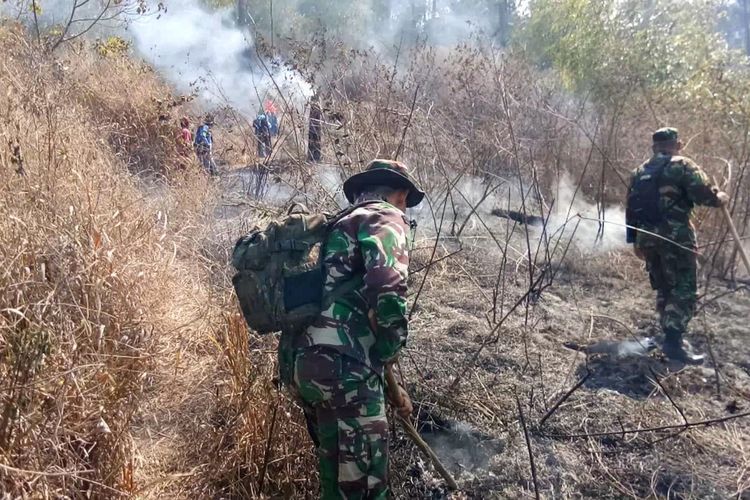 Personel Kodim 0610/Sumedang memadamkan api yang membakar lahan BKSD Wilayah II Jawa Barat di Gunung Kareumbi, Sumedang, Selasa (15/10/2019) siang.