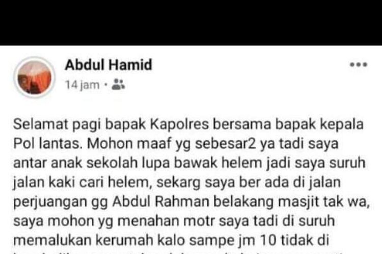 Status akun Facebook Abdul Hamid yang mengancam menebas leher polisi sebelum melakukan penyerangan terhadap anggota polisi di Polres Kepulauan Meranti yang di screen shot oleh kepolisian.