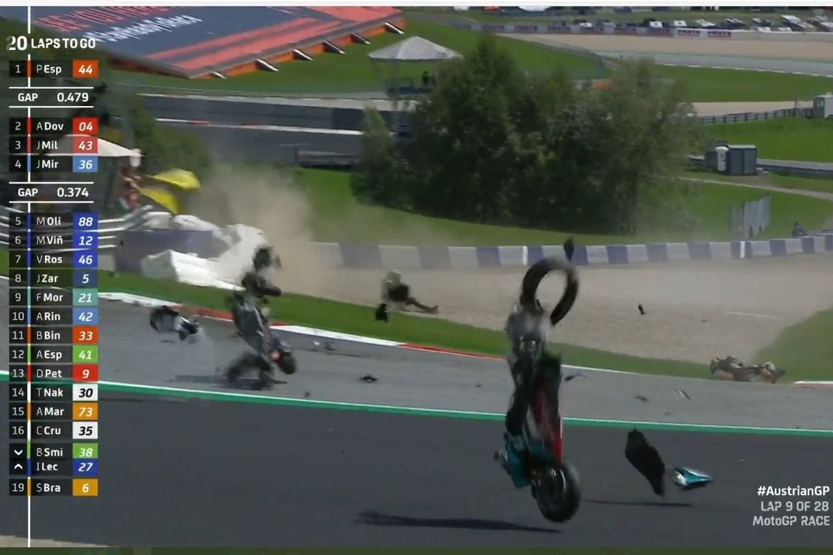 Kecelakaan pada MotoGP Austria 2020 yang melibatkan Johann Zarco dan Franco Morbidelli di tikungan 3 Sirkuit Red Bull Ring.