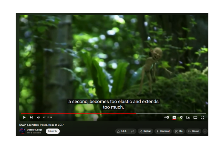Tangkapan layar video YouTube ObscureLodge, bukti pixie dalam video Erwin Saunders adalah CGI