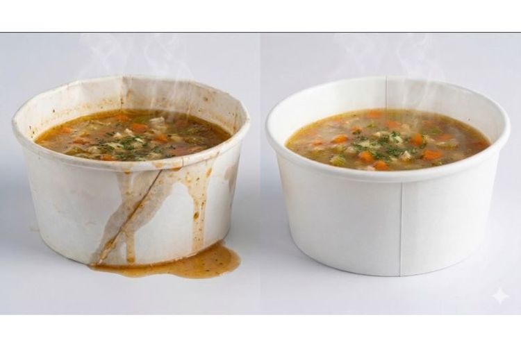 Paper Bowl Trifinity menggunakan sambungan lurus (vertical seam) yang dirancang untuk mendistribusikan tekanan cairan secara lebih merata ke seluruh dinding mangkuk. 