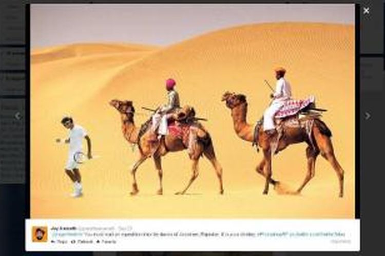 Foto hasil editan photoshop tentang Roger Federer saat berada di padang pasir Jaisalmer, Rajastan, India.