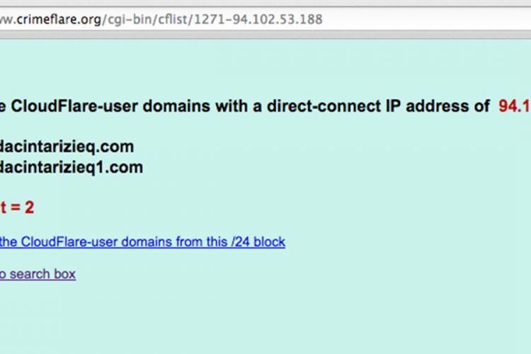 Penelusuran CrimeFlare.org menunjukkan ada dua domain pengguna proxy CloudFlare, yakni Baladacintarizieq.com dan Baladacintarizieq1.com, yang terhubung ke alamat IP 94.102.53.188.