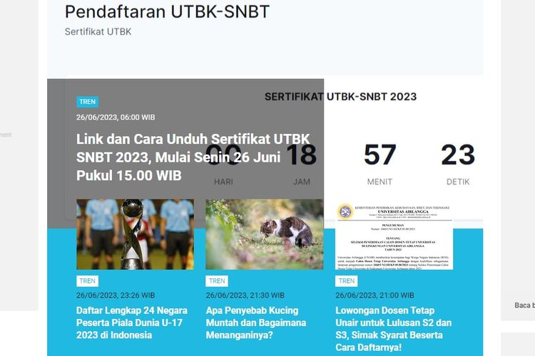 Tangkapan layar berita populer di laman Tren sepanjang Senin (26/6/2023) hingga Selasa (27/6/2023) pagi.