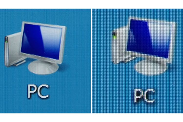 Layar yang berukuran sama tapi memiliki kepadatan piksel lebih tinggi akan terlihat lebih tajam. Misalnya dalam contoh ini, monitor 4K (kiri) terlihat menampilkan gambar dengan lebih tajam dibanding monitor 1080p. Padahal, luas area fisik dari gambar yang ditampilkan sama.