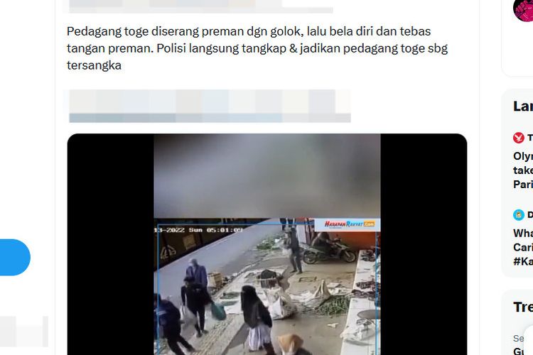 Tangkapan layar unggahan disertai video menyebut pedagang tauge di Garut, Jawa Barat menjadi tersangka karena membela diri dari serangan preman.
