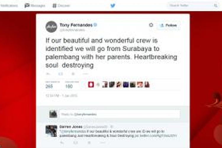 Tweet CEO AirAsia Tony Fernandes yang mengatakan akan mendampingi orang tua dari pramugari Khairunisa ke Palembang. 