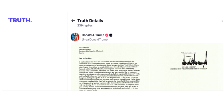 Gambar terkait Trump Surati Prabowo Terkait Tarif Impor 32 Persen,Bisa Dihapus jika Indonesia Bangun Pabrik di AS (dari Bing)